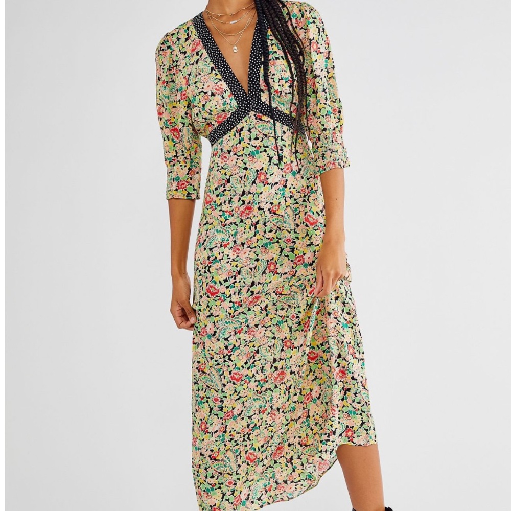 Rixo Green and Pink Midi Dress